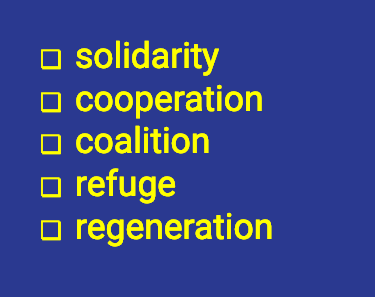 Five values listed: solidarity, cooperation, coalition, refuge, regeneration